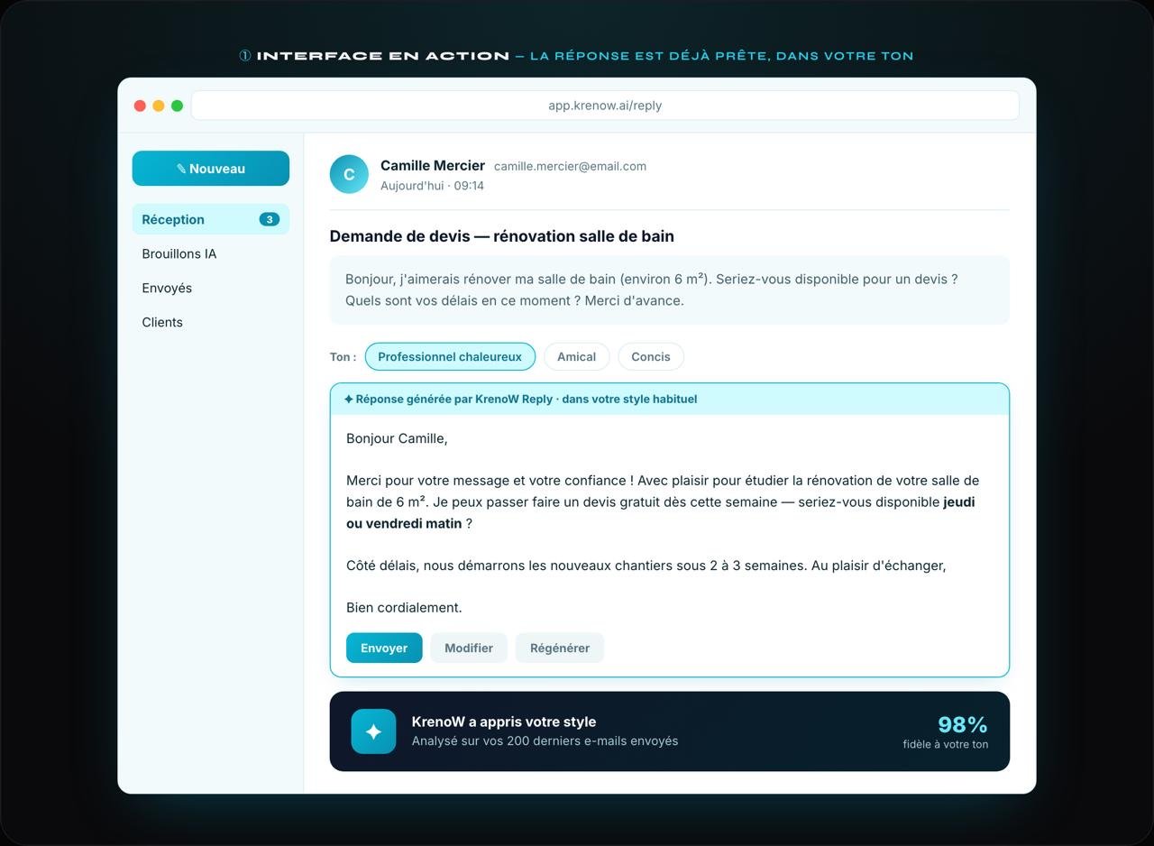 Interface de KrenoW Reply : un email client reçu et la réponse rédigée par l’IA dans le ton de l’utilisateur, prête à envoyer